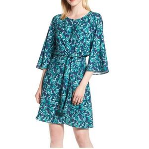 NWT Halogen Green Blue Floral Print Tie Front Dress Size XS 3/4 Bell Sleeves